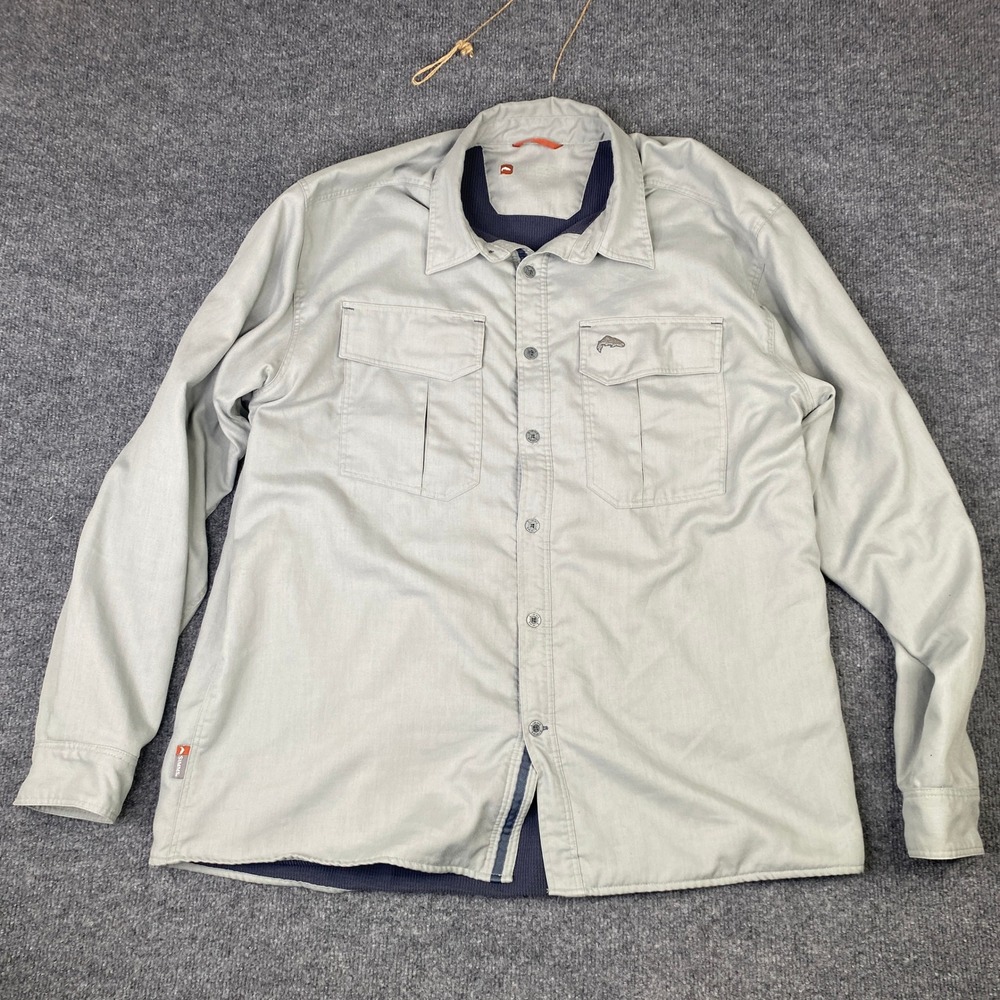 Simms Mens Long Sleeve Button Down Fishing Shirt Gray Fleece Lined Fish Logo XL